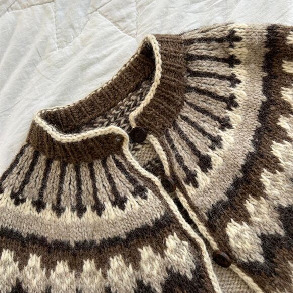 Vintage Icelandic Wool Fair Isle Brown Knit Cardigan Sweater Small Medium Womens - Picture 3 of 6
